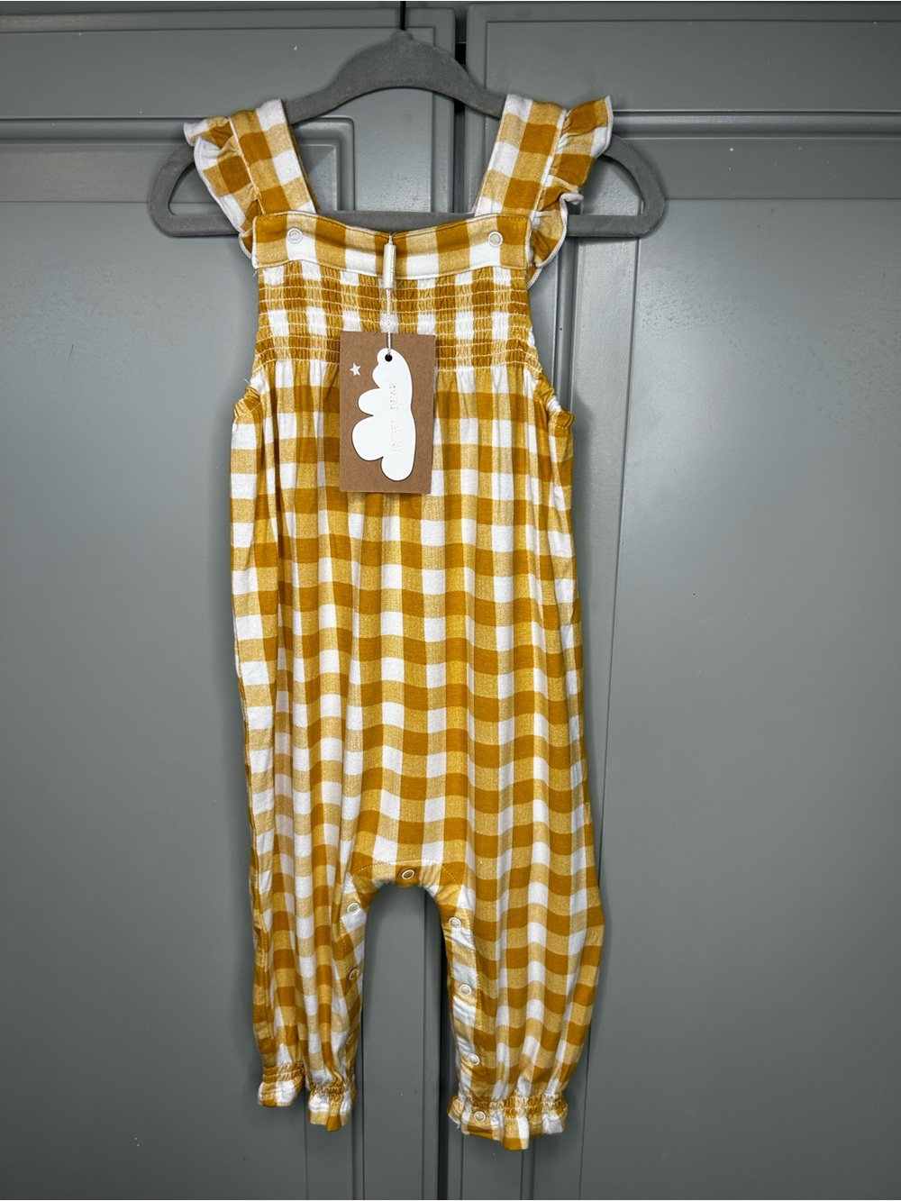 NWT Angel Dear bamboo button ruffled romper yellow check Sz 12-18M